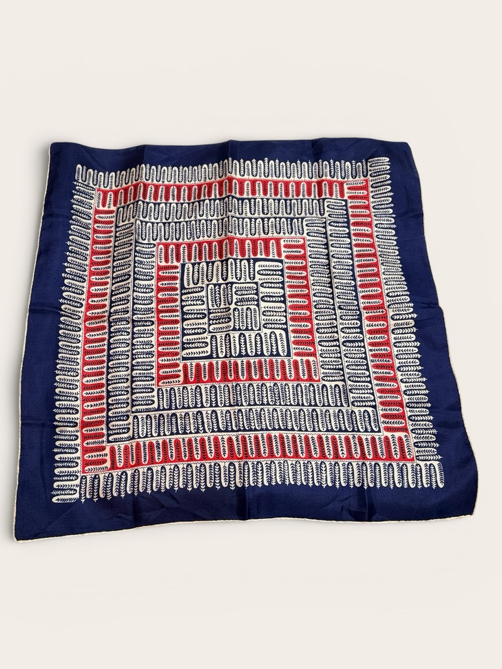 Navy Square Leaf Patterned Vintage Silk Scarf with Red and White Accents